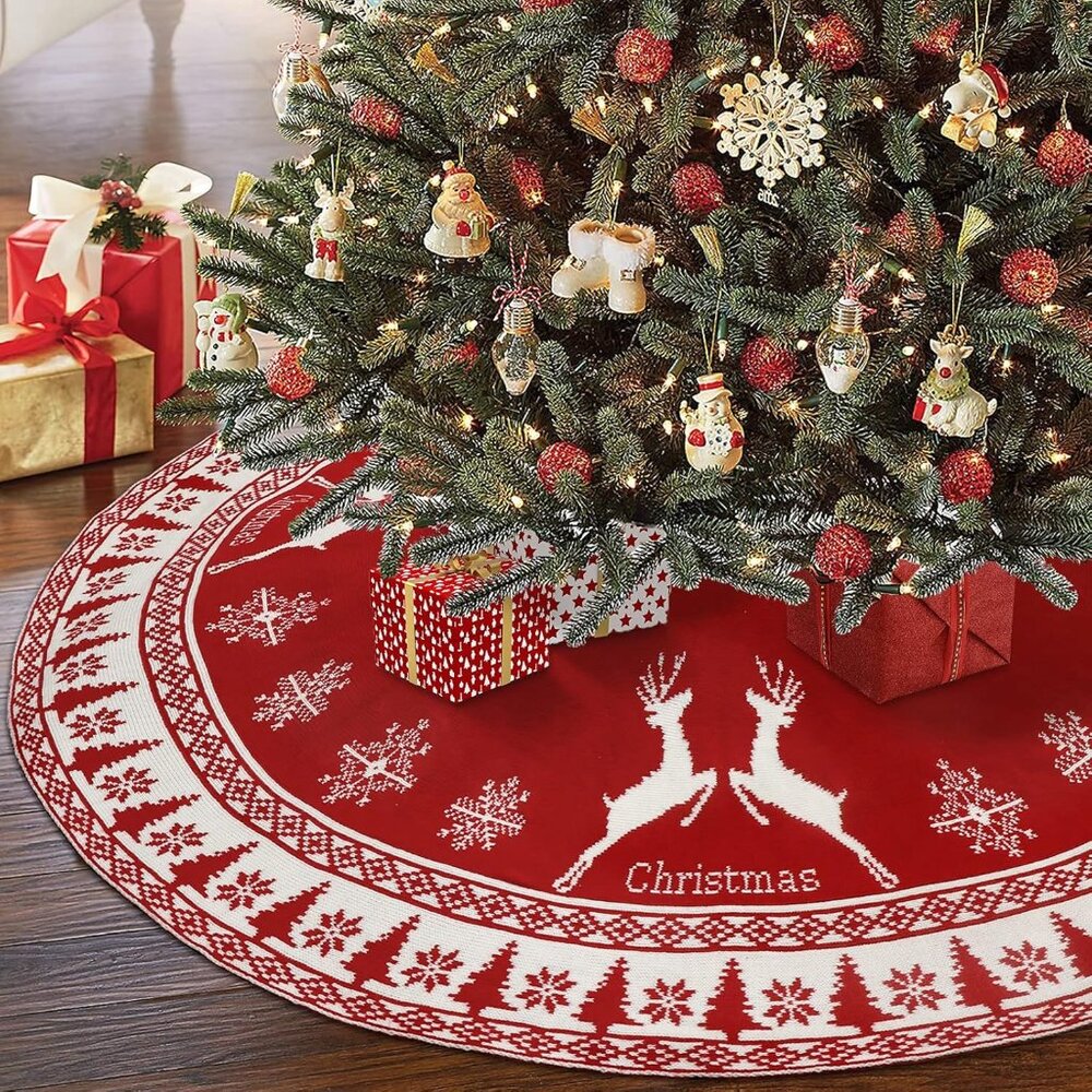 48 Inch Red Knitted Christmas Tree Skirt with Snowflake & Reindeer
